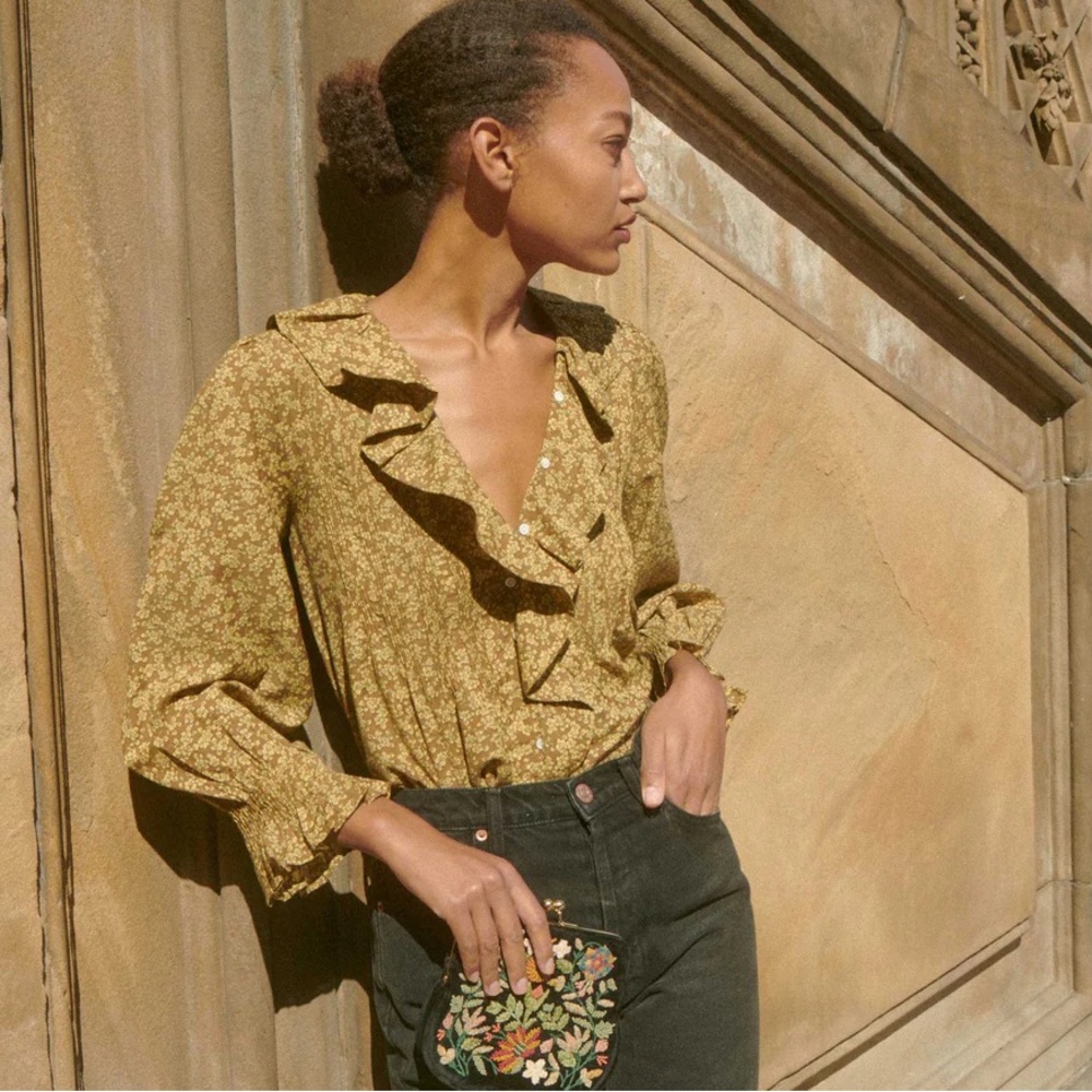 Doen Mustard Floral Ruffle Button Down Shirt